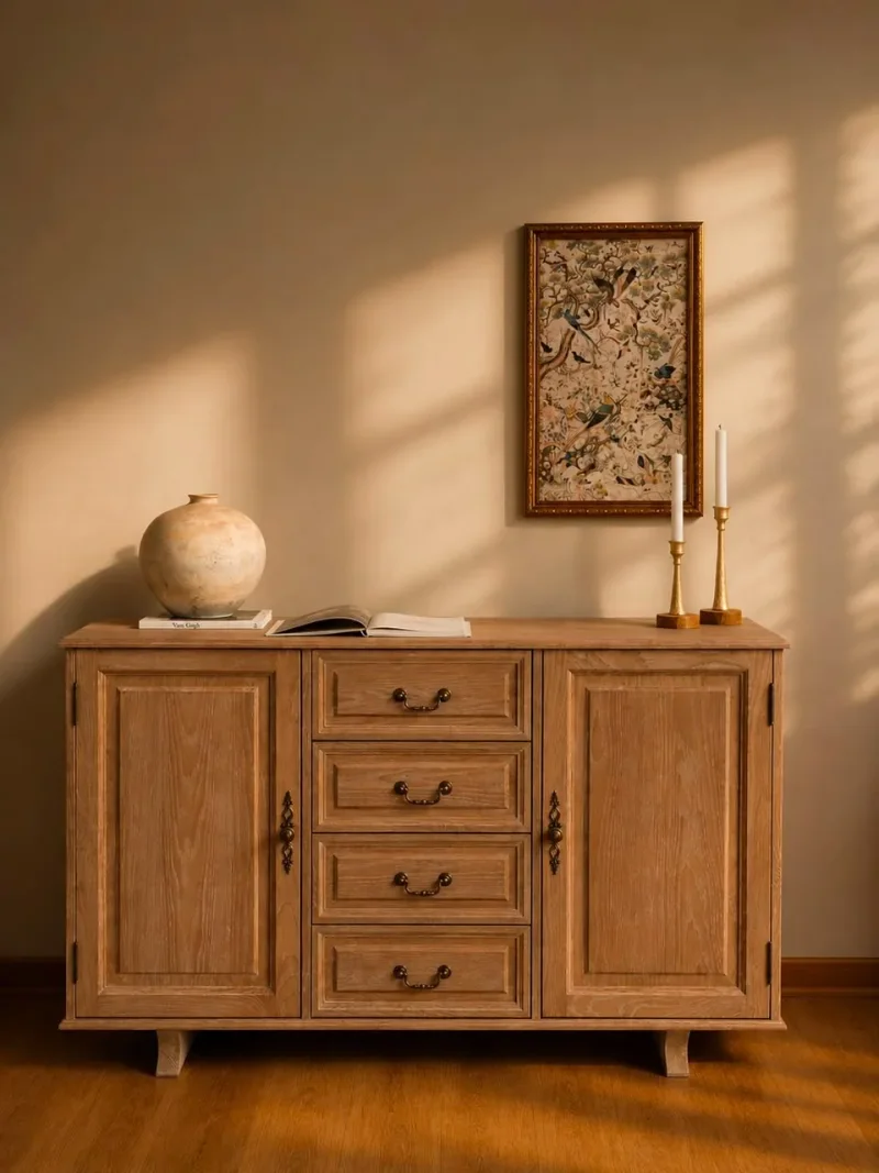 Sideboard with a central drawer column, styled with a vase, books, candles and framed bird artwork.