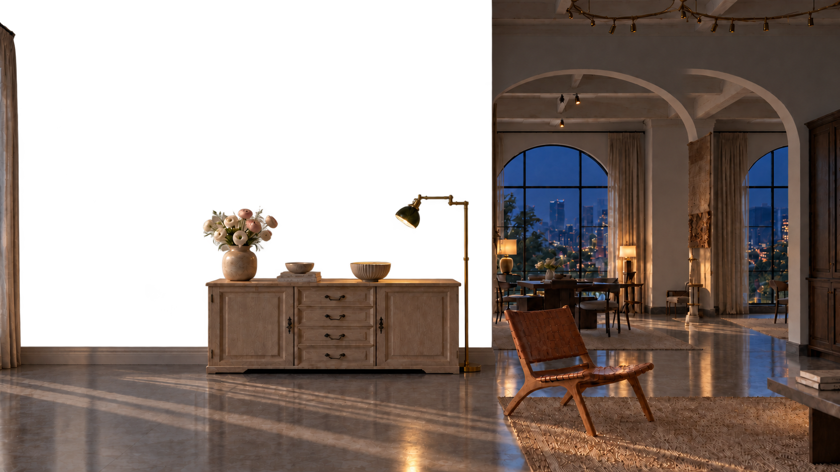 A sunlit Nairobi home with an ash sideboard, fresh flowers and a green glass reading lamp (evening illumination)
