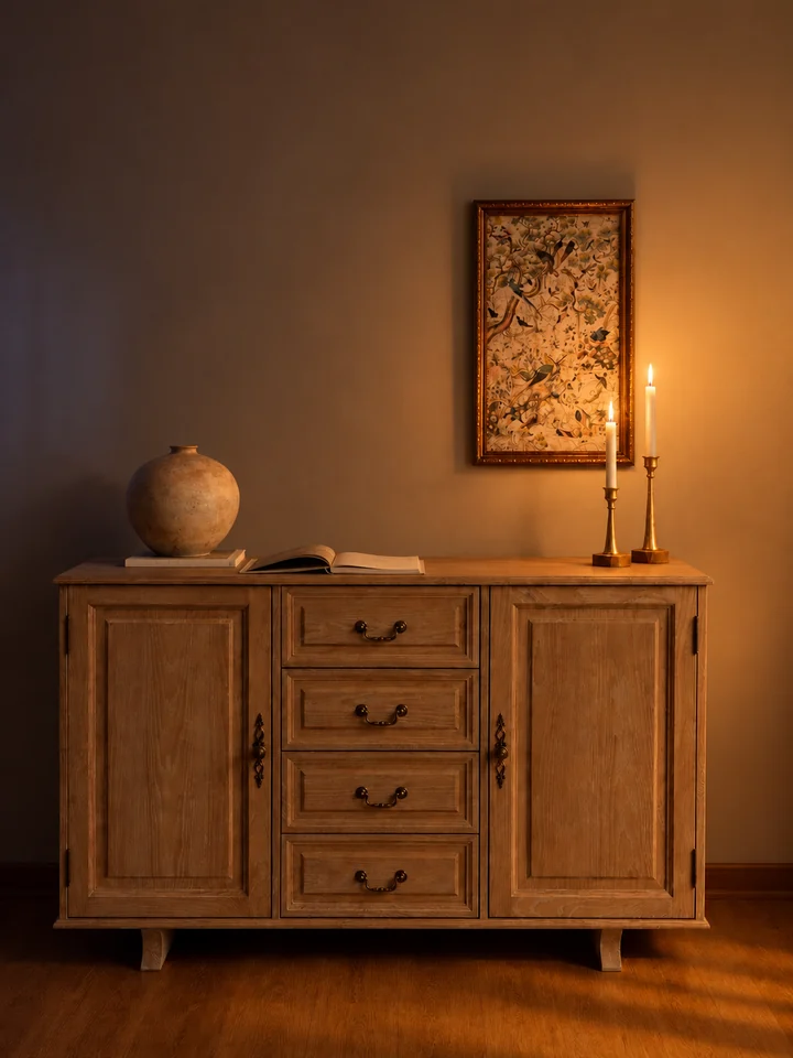 The same Cottage Sideboard, ceramic vase and framed artwork in warm evening light