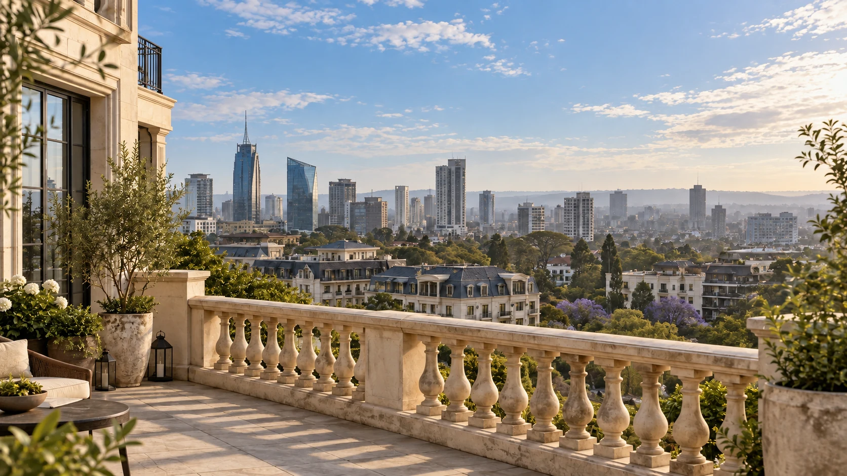 Morning light over the Westlands skyline from a stone rooftop terrace