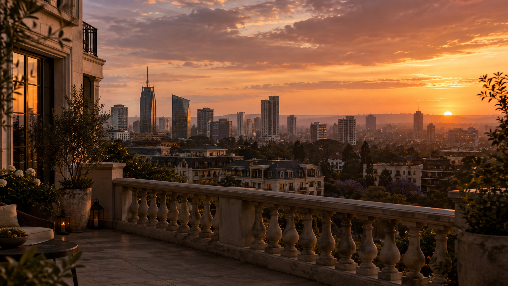 Golden sunset over the Westlands skyline from a stone rooftop terrace